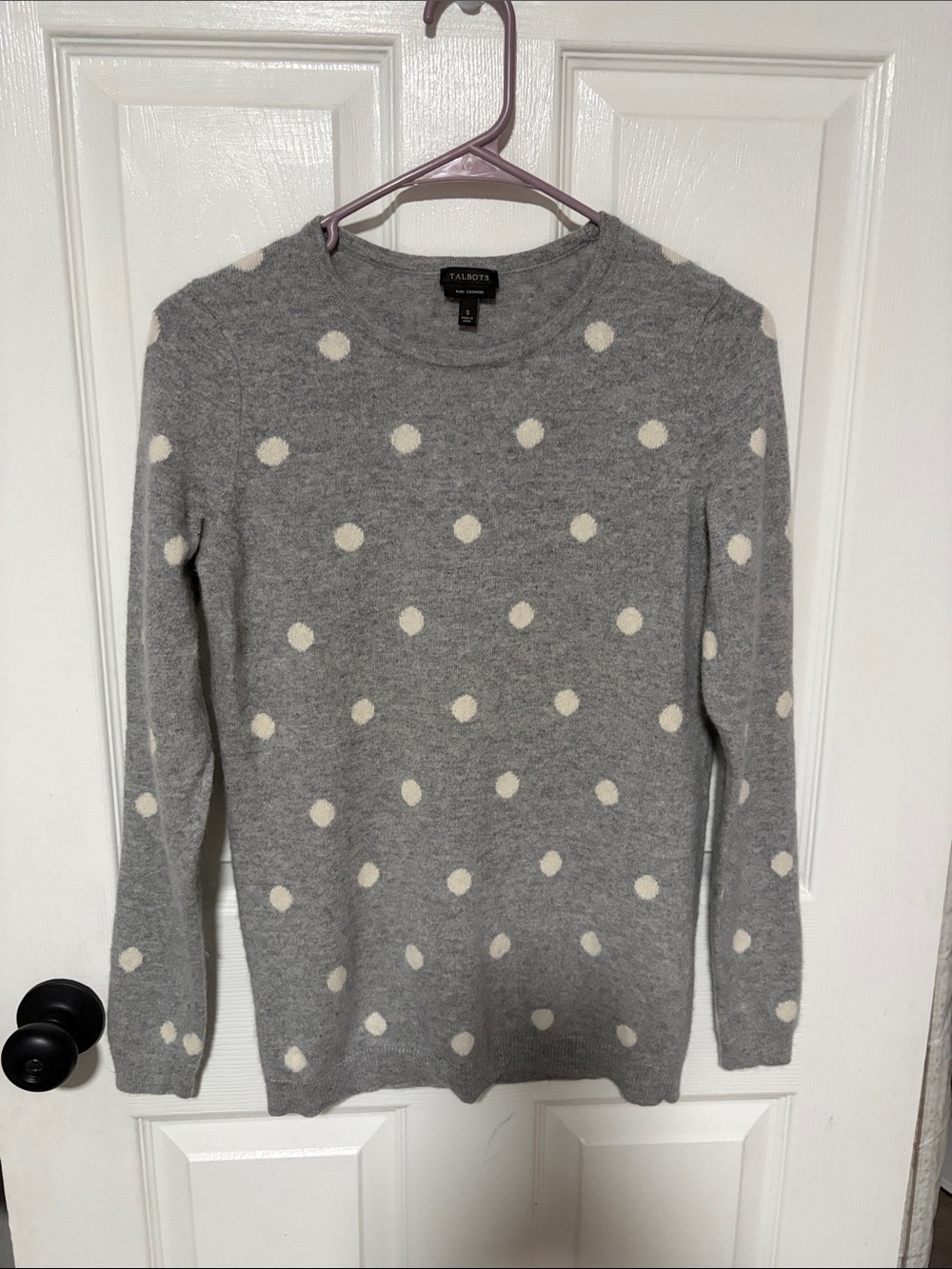 Cashmere Talbots Gray Crewneck Sweater with Cream Polka Dots